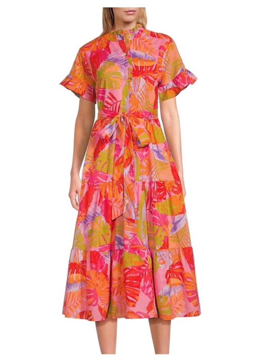 Nwt J.Marie Eden Button Up Ruffle Sleeve Belted Tiered Midi A-Line Dress